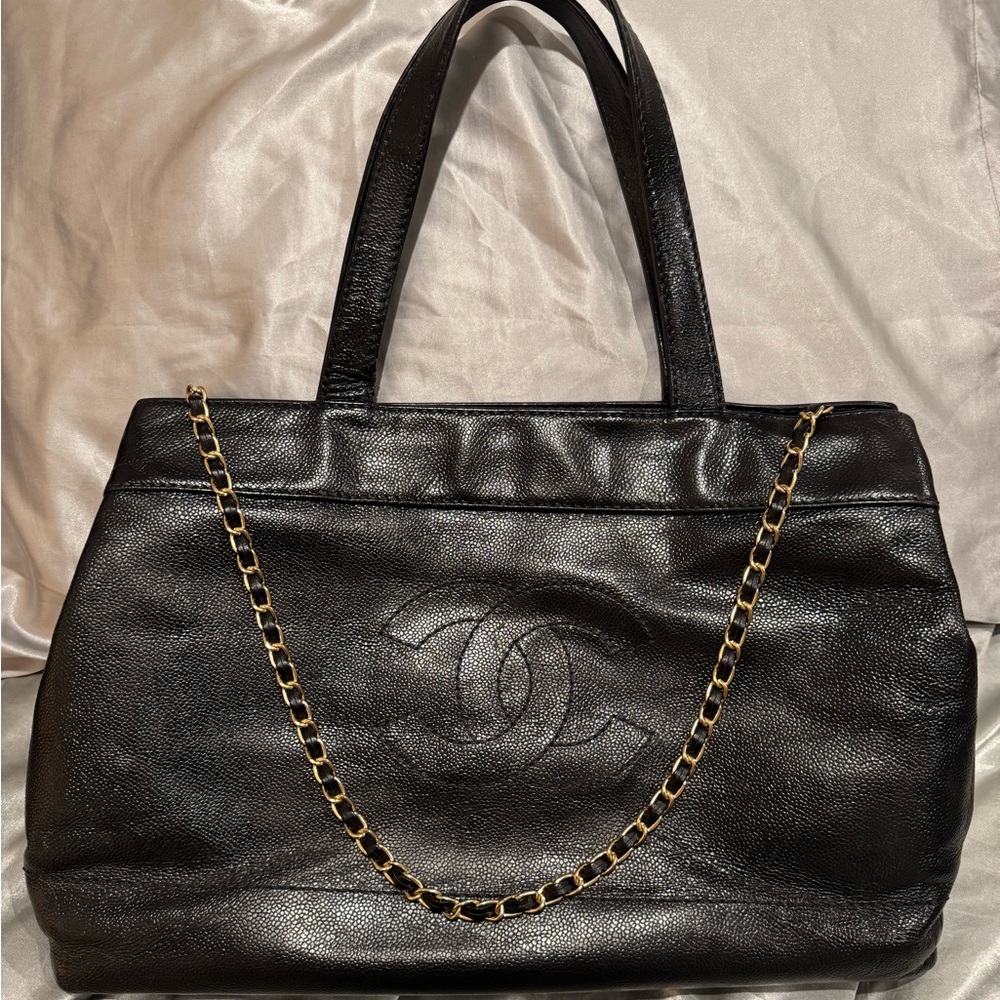 Authentic Chanel Timeless CC Travel Black Leather Women's Tote Bag.